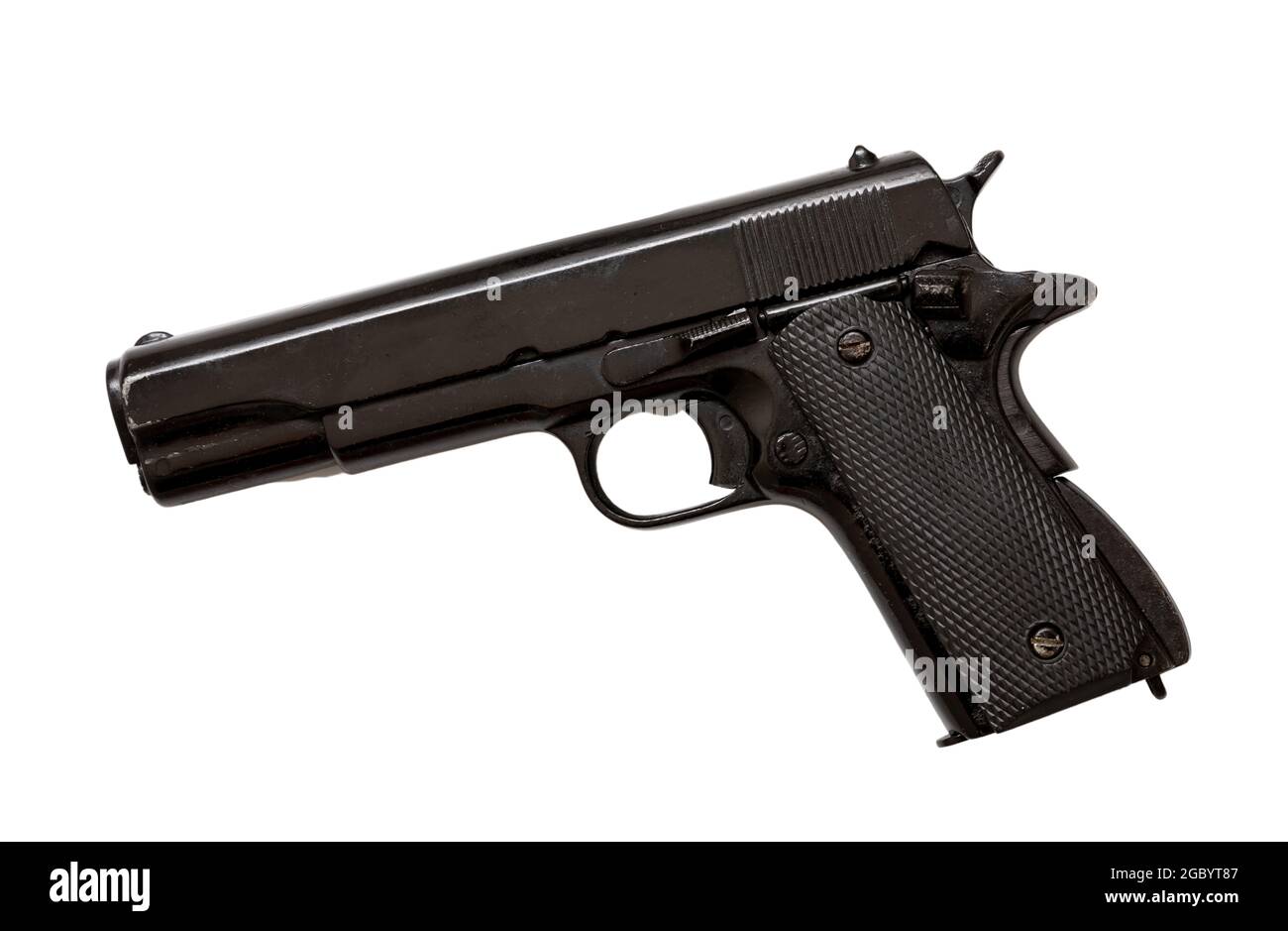 Pistolet 9 mm découpe isolée sur fond blanc. Arme en métal noir, arme de poing automatique pour la défense et la protection. Vue latérale Banque D'Images