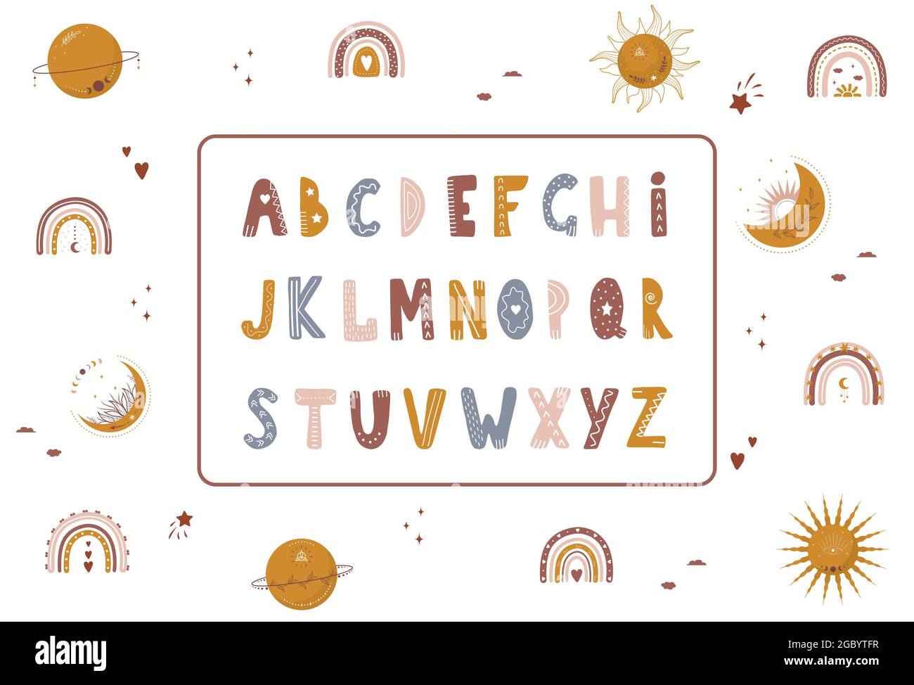 Alphabet boho avec éléments célestes. Des lettres et des chiffres mignons pour les bannières, le design de la pépinière, les cartes postales. Clipart isolé sur fond blanc. Vecteur Illustration de Vecteur
