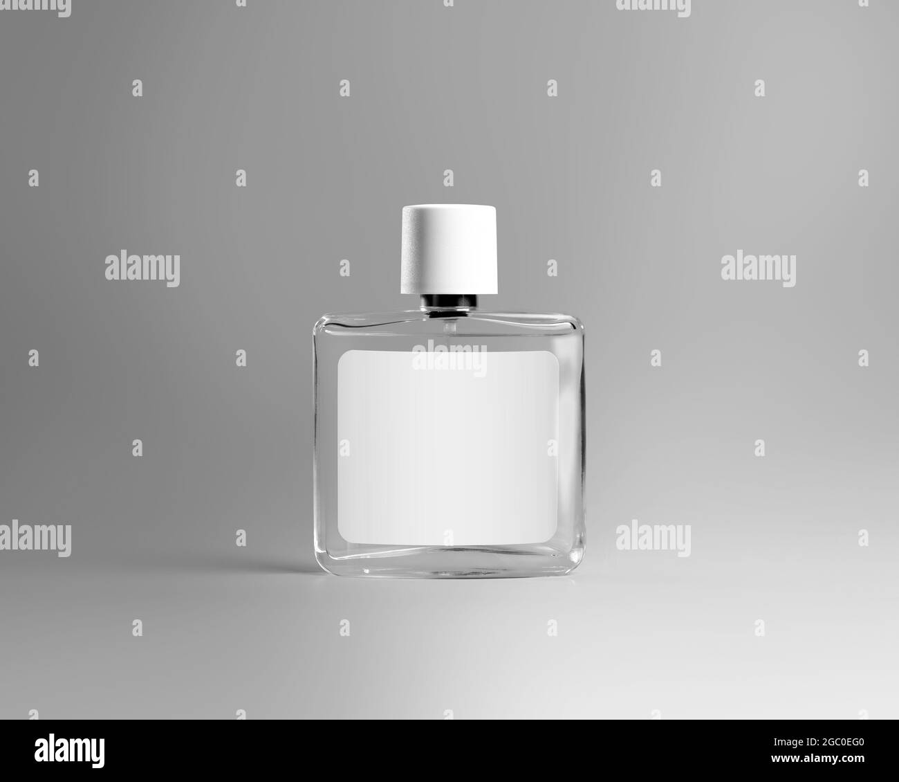 Maquette d'une bouteille en verre transparent pour parfum, liquide aromatisé, essence, avec bouchon texturé en plastique, étiquette pour le design, marque. Modèle de flacon, parfumé Banque D'Images