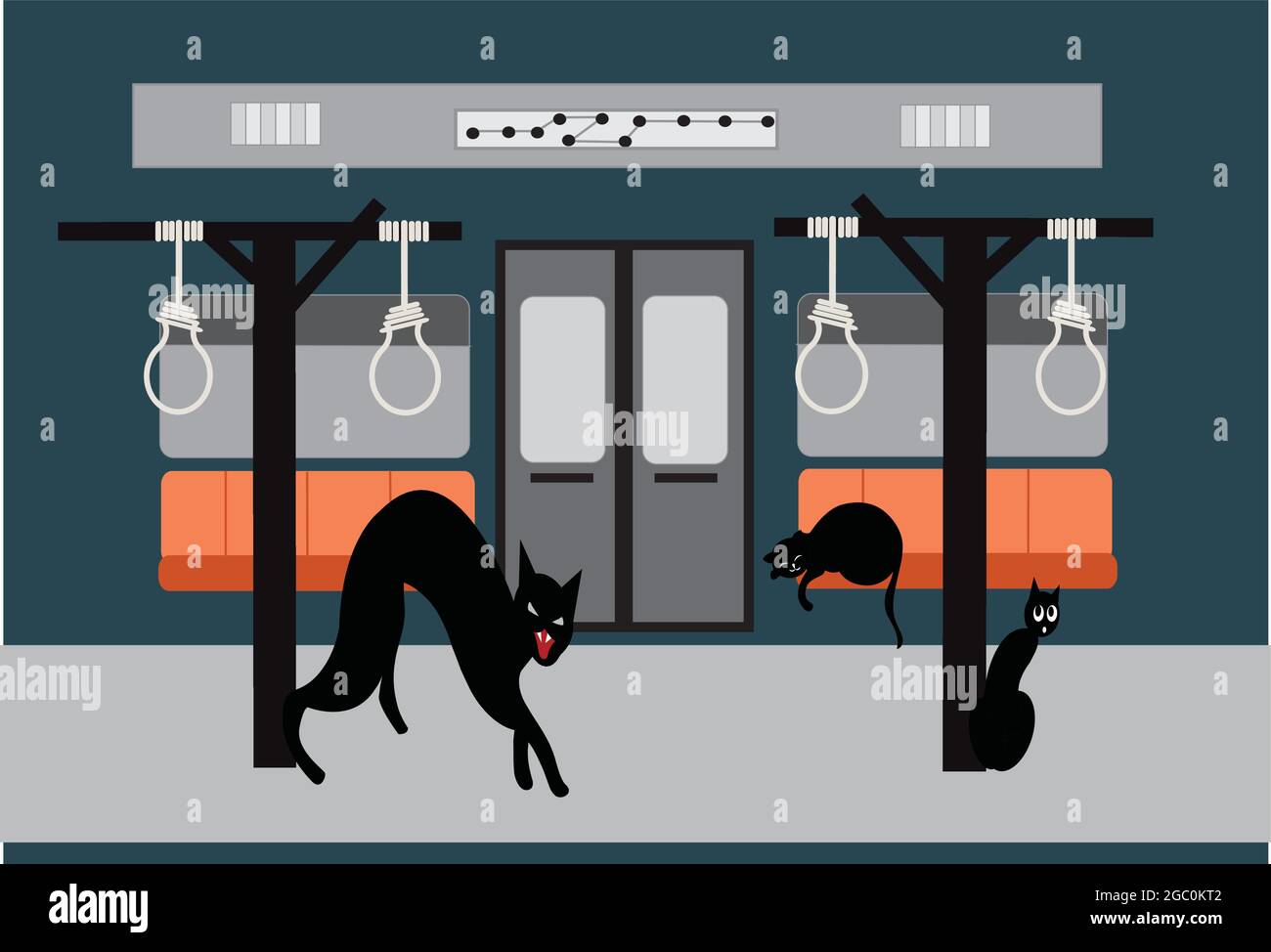 illustration d'un métro avec des cordes suspendues et plusieurs chats seuls, pour l'idée conceptuelle ce que les cordes regardent à l'intérieur du métro Illustration de Vecteur
