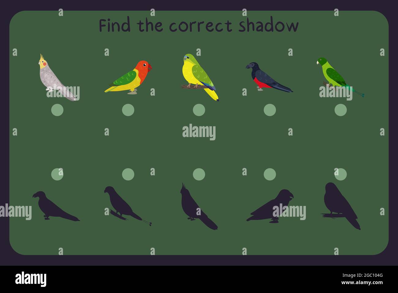 Jeu éducatif assorti pour les enfants avec perroquets - cocatier, oiseau de rivage, néophème, pesquets, queue de raquette. Trouvez l'ombre correcte. Illustration vectorielle. Illustration de Vecteur