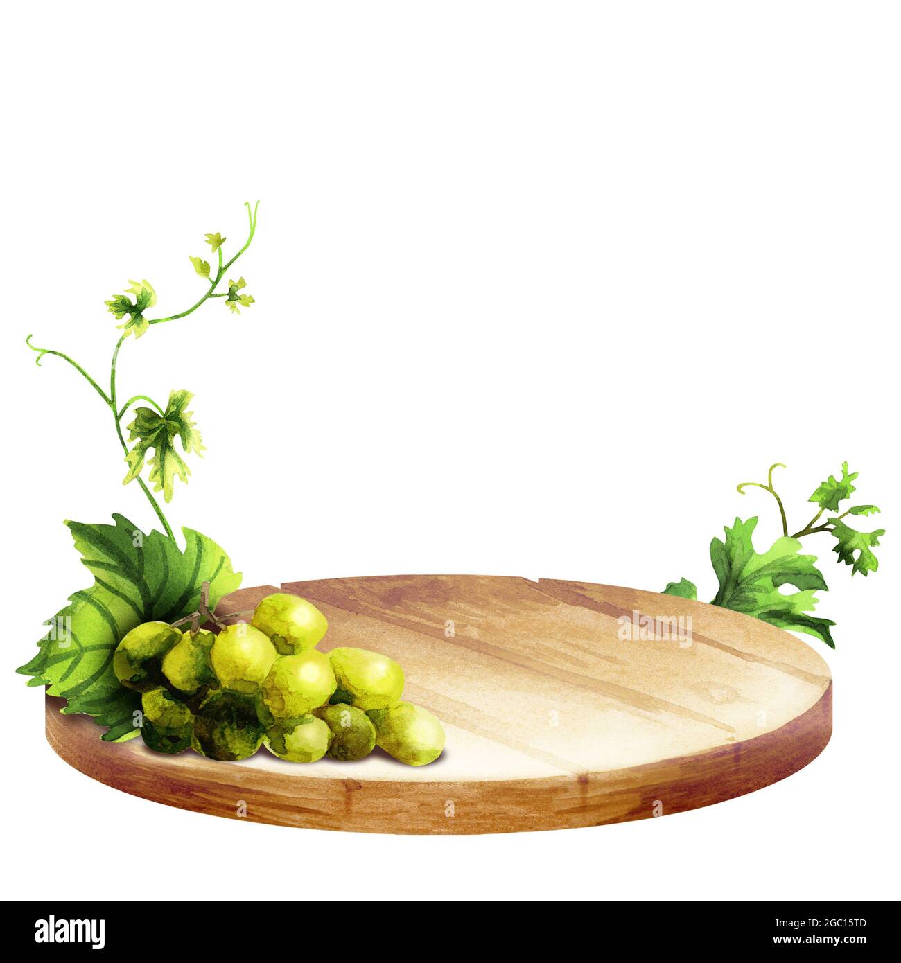Arrière-plan pour vos produits avec une table, des raisins et un paysage Banque D'Images