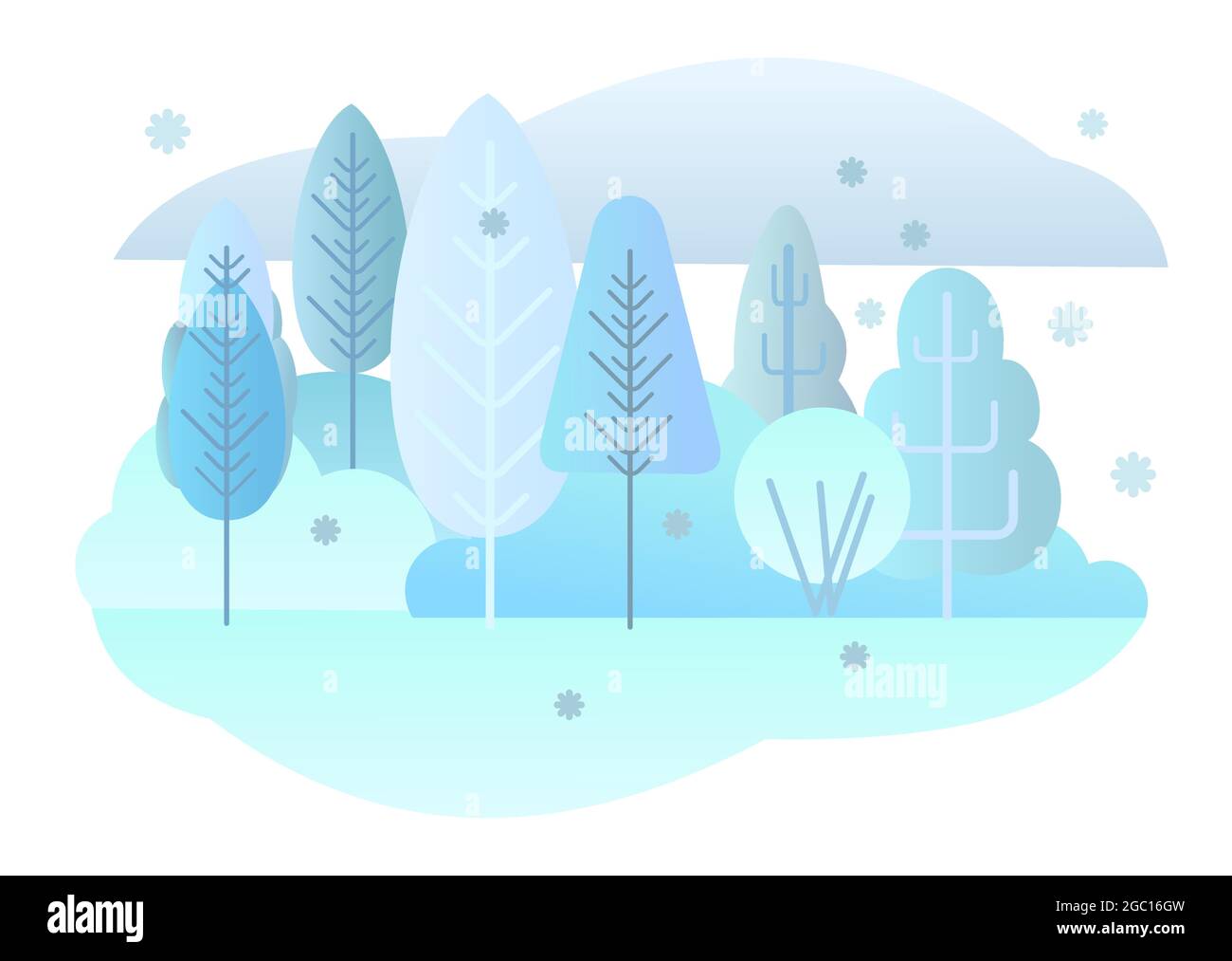 Paysage forestier d'hiver. Illustration symbolique de style plat. Paysage avec arbres, arbustes et snowdrifts. Faune rurale. Vue sur la campagne avec gel Illustration de Vecteur