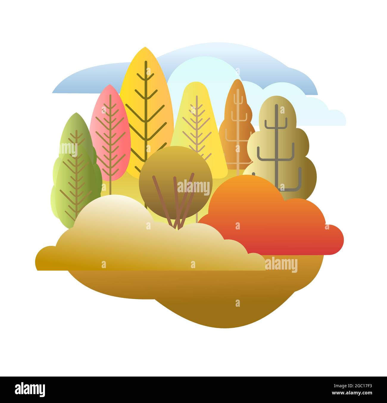 Forêt d'automne. Illustration symbolique de style plat. Paysage dans les tons orange, jaune et vert. Faune rurale. Scène de campagne avec arbres. Un bel art Illustration de Vecteur