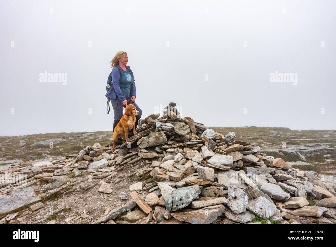 Promeneur de chiens au sommet du cairn de la montagne Munro de Ben OSS près de Tyndrum, près de Stirling, en Écosse, dans le Loch Lomond et le parc national de Trossachs Banque D'Images