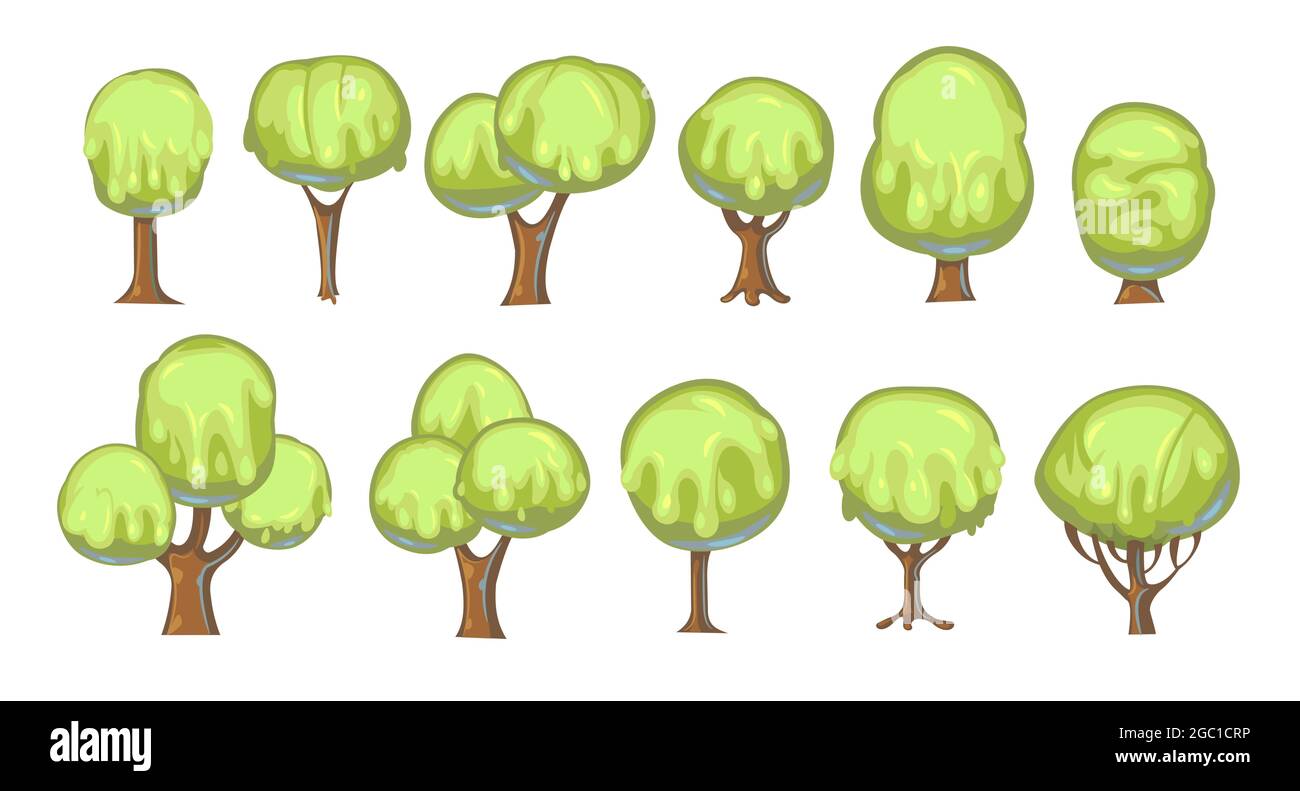 Ensemble de fabuleux arbres doux. Pour les paysages au caramel vert, à la crème glacée ou à la gelée. Transpiration. Illustration amusante pour enfants. Style de dessin animé. Vecteur. Illustration de Vecteur
