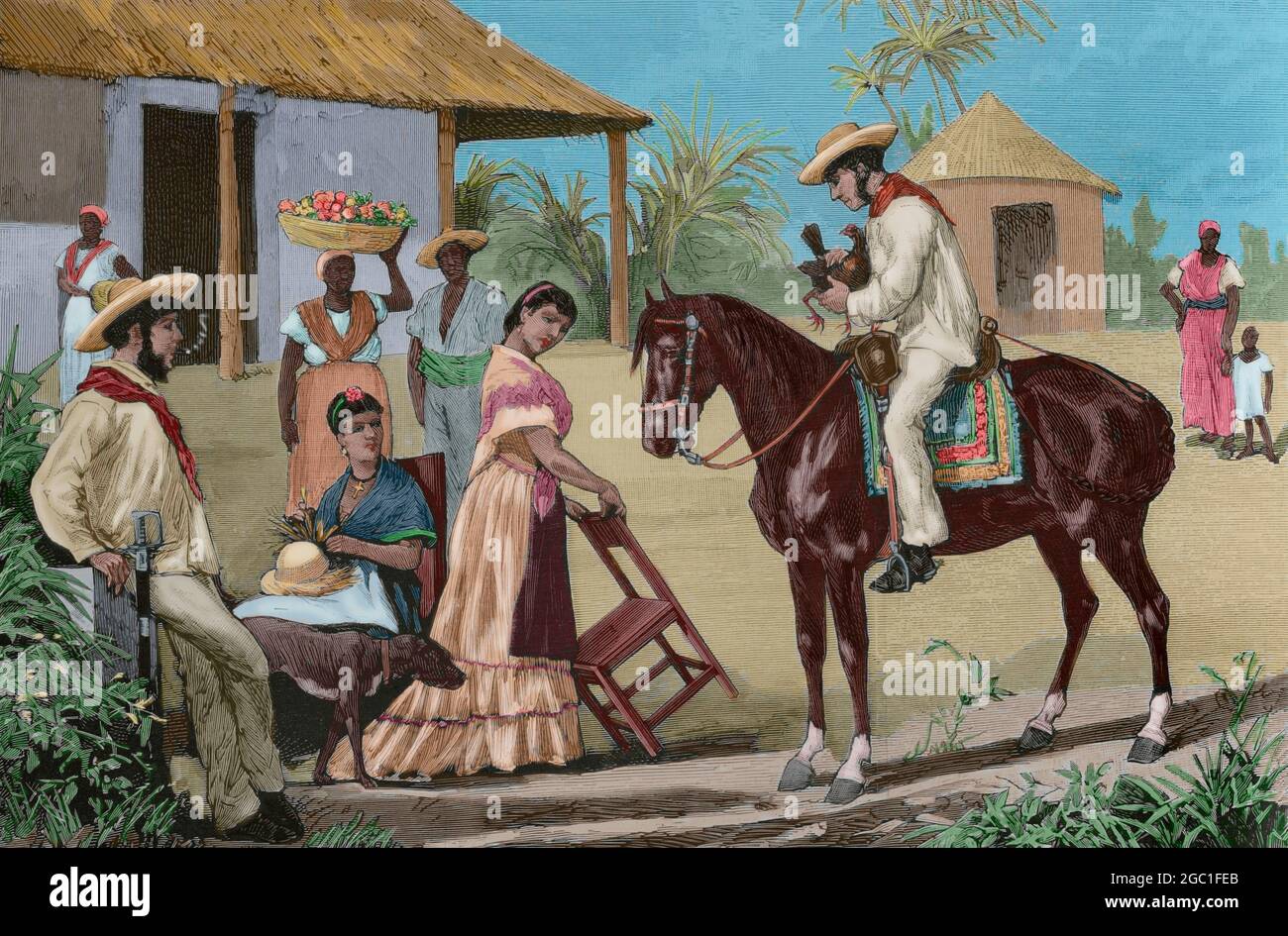 Île de Cuba. Famille de guajiros (agriculteurs cubains). Gravure d'après une illustration de Victor Patricio Landaluze. Coloration ultérieure. La Ilustración Española y Americana, 1881. Banque D'Images