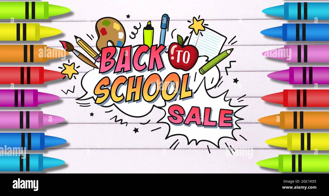 Image du texte de vente de la rentrée sur les icônes et les crayons de l'école sur fond blanc Banque D'Images