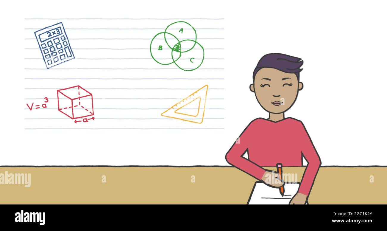 Image des icônes de calcul et de mathématiques sur papier dirigé et l'écriture d'un élève sur blanc Banque D'Images