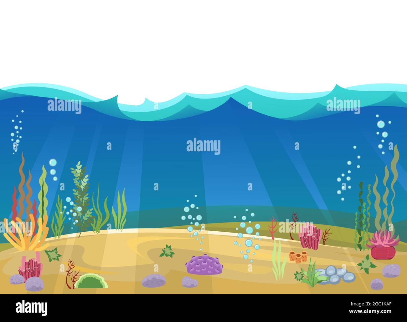 Fond sablonneux du réservoir. Bleu transparent eau claire. Océan de mer. Paysage sous-marin avec plantes, algues et coraux. Isolé. Illustration dans Illustration de Vecteur