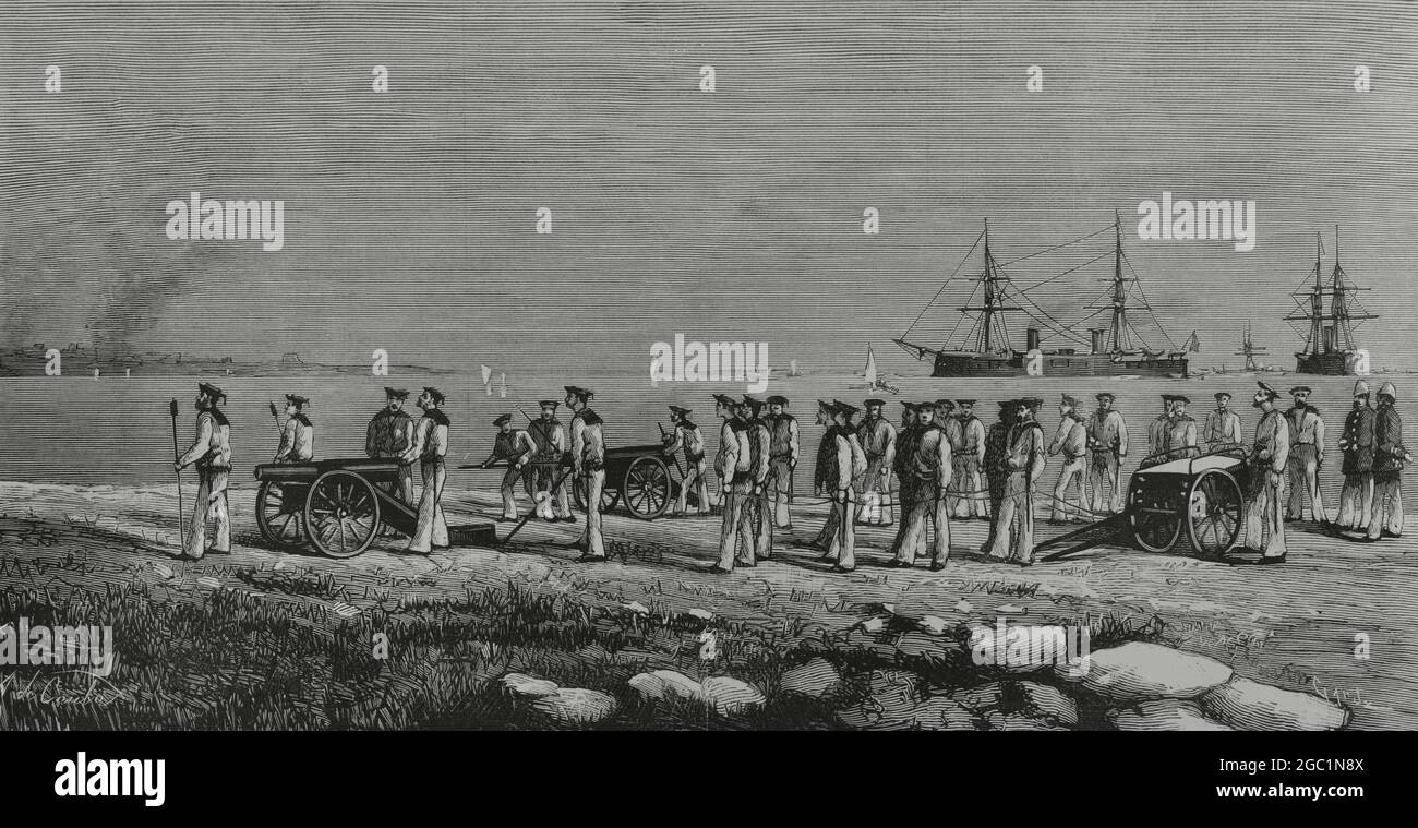 Égypte. Débarquement des marins britanniques et des vestes de bluejackes du 'invincible' près de fort Mex, après le bombardement. Gravure de Tomás Carlos Capuz. La Ilustración Española y Americana, 1882. Banque D'Images