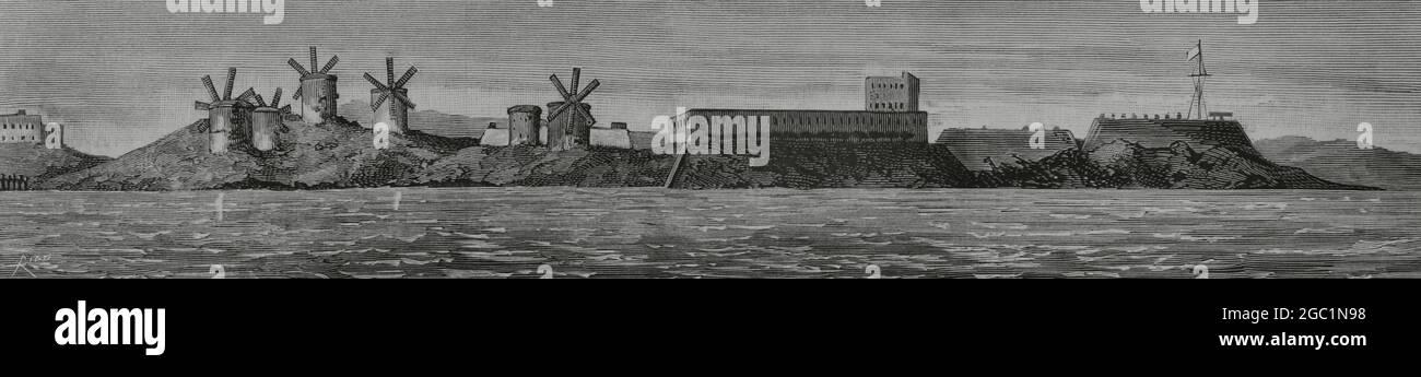 Occupation britannique de l'Égypte. Événements d'Alexandrie. En juillet 1882, un escadron britannique ouvre le feu sur la ville et l'occupe. Forts sur l'île de Pharos, bombardés par l'escadron britannique le 11 juillet. Gravure de Rico. La Ilustración Española y Americana, 1882. Banque D'Images