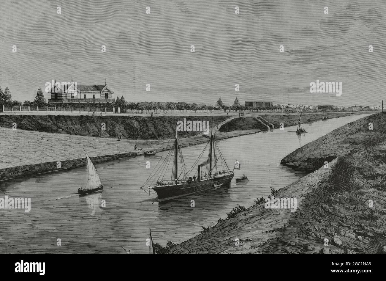 Égypte, Canal de Suez. Vue sur Ismailia. Dessin de A. de Caula. Gravure de Rico. La Ilustración Española y Americana, 1882. Banque D'Images