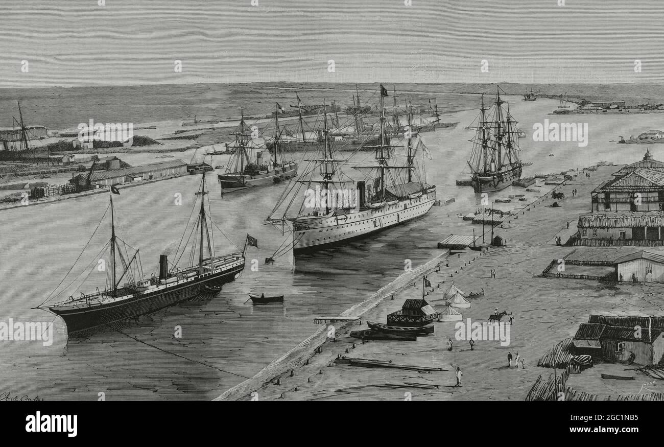 Égypte. Canal de Suez près de Port-Saïd. Dessin de Caula. Gravure de Rico. La Ilustración Española y Americana, 1882. Banque D'Images
