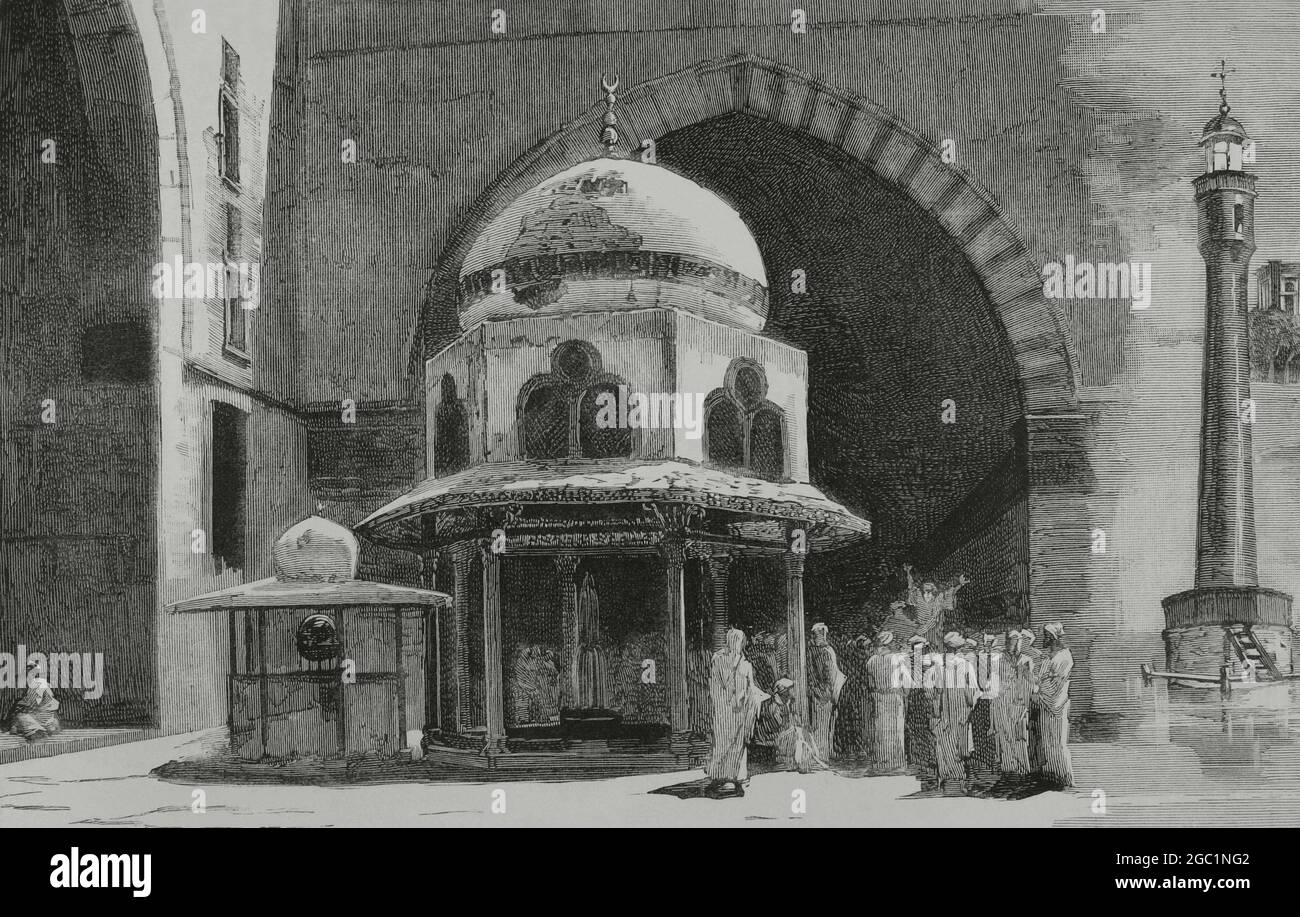 Événements en Égypte, 1882. Occupation militaire britannique. Le Caire. Mosquée Hassan pendant la prédication de la Sainte Guerre. Gravure. La Ilustración Española y Americana, 1882. Banque D'Images