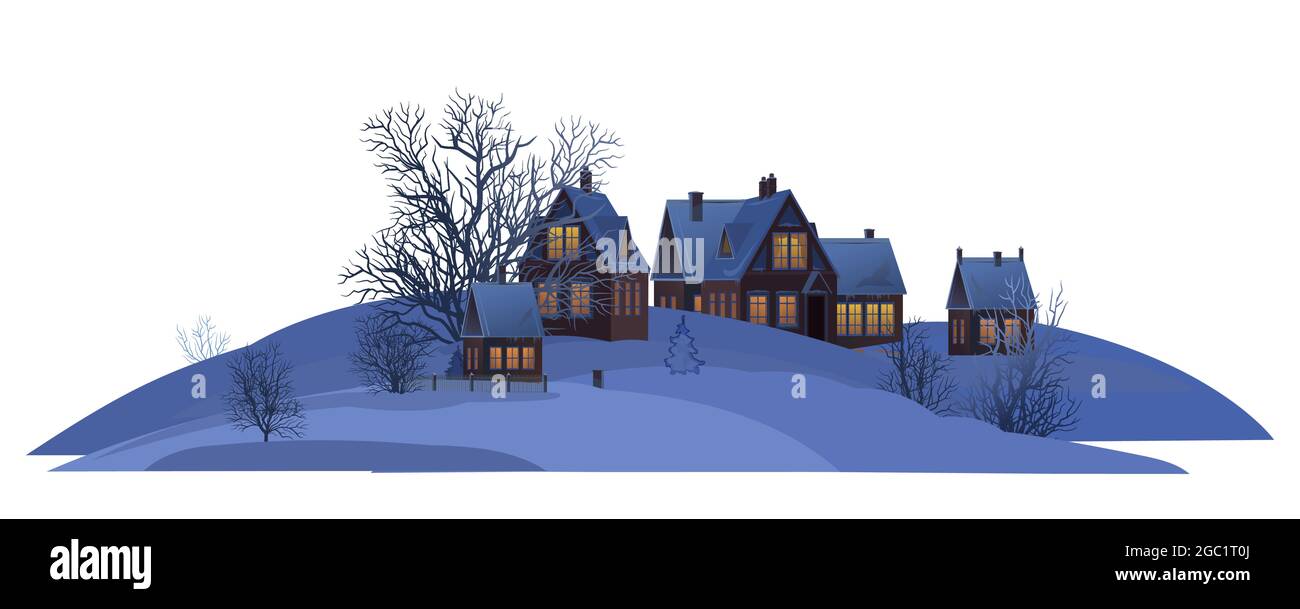 Village. Maisons rurales en hiver. Noël. Soirée calme et glacée. Le toit ouvrant est recouvert de neige. Paysage de campagne agréable et confortable. Isolé, plat Illustration de Vecteur