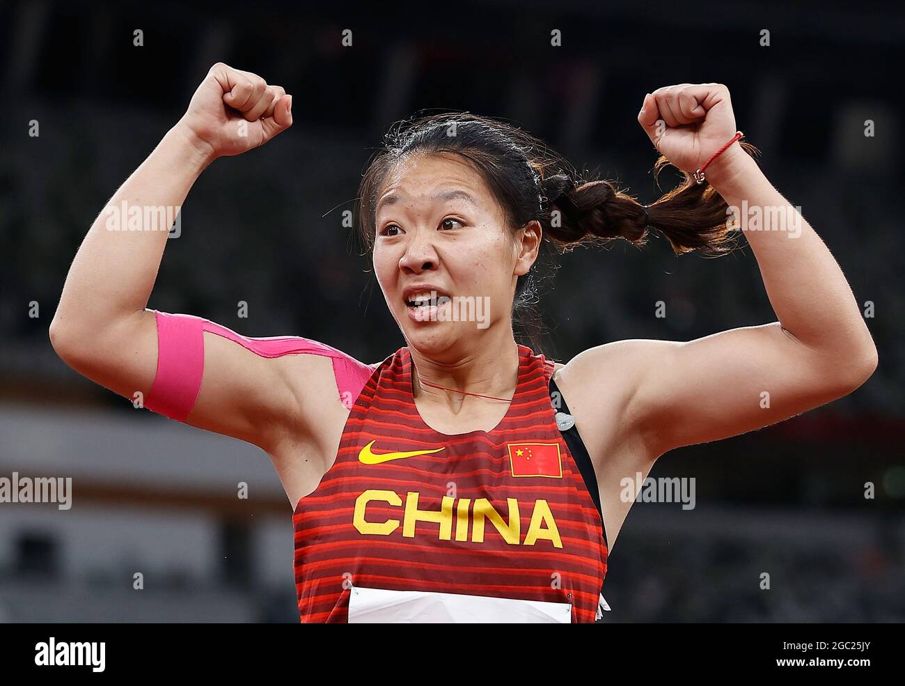 Tokyo, Japon. 6 août 2021. Liu Shiying, de la Chine, réagit lors de la finale du jet de javelin féminin aux Jeux Olympiques de Tokyo en 2020, à Tokyo, au Japon, le 6 août 2021. Crédit: Wang Lili/Xinhua/Alay Live News Banque D'Images