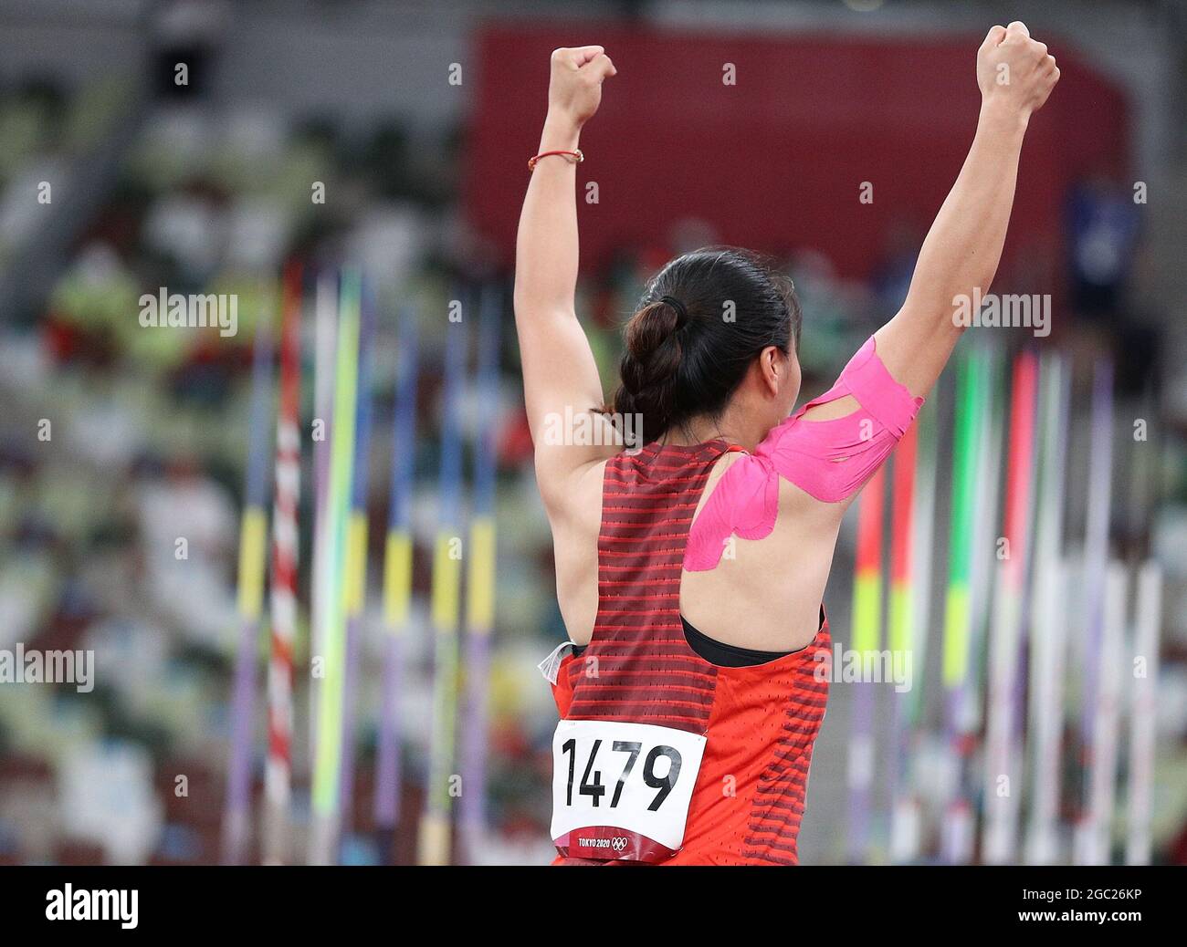 Tokyo, Japon. 6 août 2021. Liu Shiying, de la Chine, réagit lors de la finale du jet de javelin féminin aux Jeux Olympiques de Tokyo en 2020, à Tokyo, au Japon, le 6 août 2021. Crédit : Li Ming/Xinhua/Alay Live News Banque D'Images