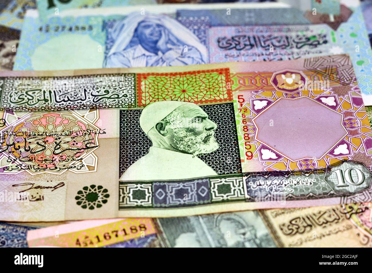 Contexte de l'argent libyen dinars billets, anciens billets en monnaie libyenne, le dinar libyen est la devise de la Libye, des billets différents de la Libye Banque D'Images