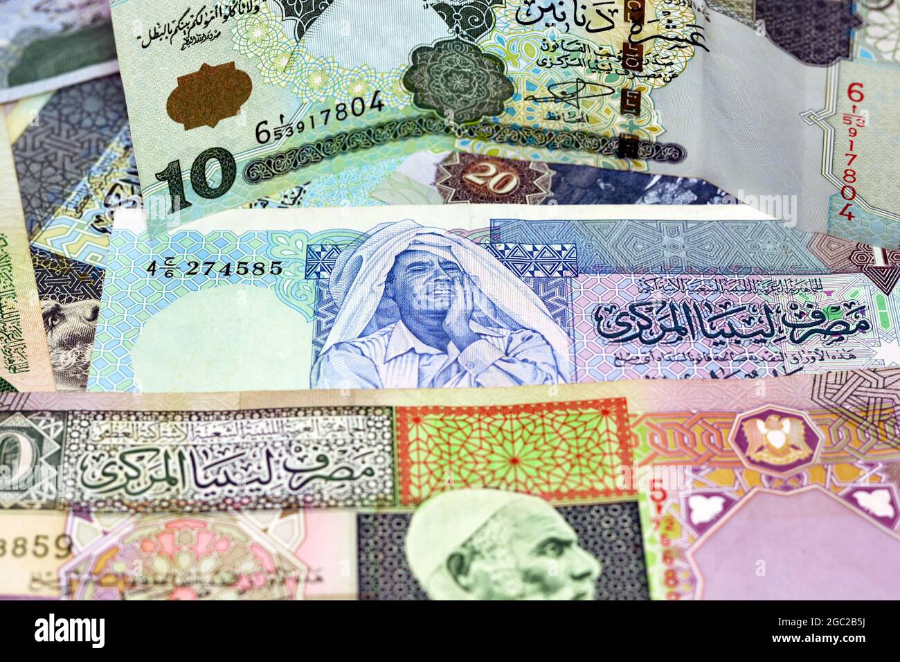 Contexte de l'argent libyen dinars billets, anciens billets en monnaie libyenne, le dinar libyen est la devise de la Libye, des billets différents de la Libye Banque D'Images