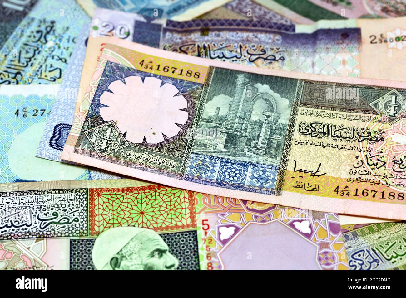 Contexte de l'argent libyen dinars billets, anciens billets en monnaie libyenne, le dinar libyen est la devise de la Libye, des billets différents de la Libye Banque D'Images