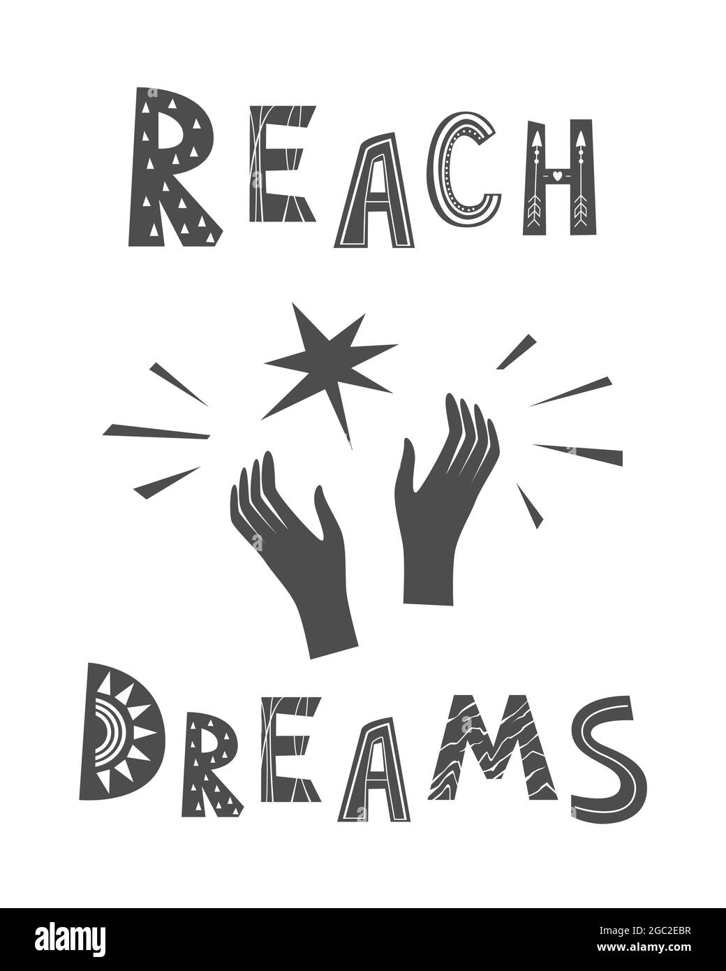Lettrage Vector de Reach Dreams dans un style scandinave. Les mains grauller une étoile du ciel. Motivation textuelle, art mural inspiré, affiche ou carte Illustration de Vecteur