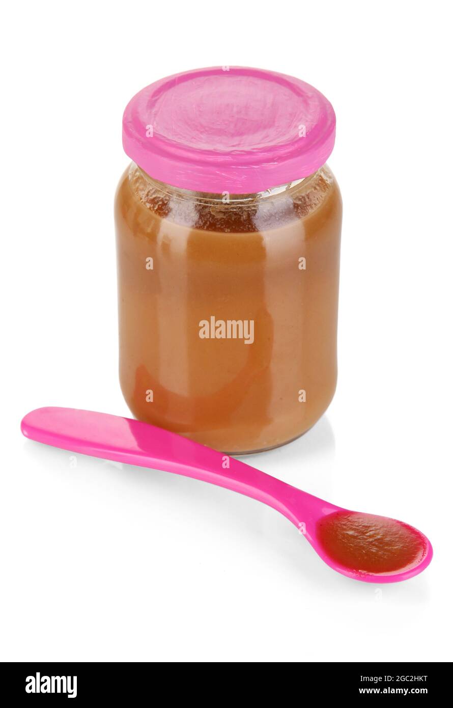 Nourriture pour bébé avec des fournitures pour bébé isolées sur blanc Photo  Stock - Alamy