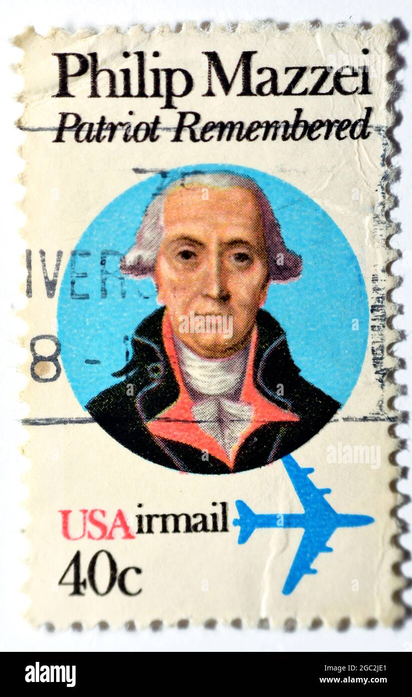 Timbre-poste imprimé aux Etats-Unis d'Amérique avec image portrait d'un médecin italien Philip Mazzei et promoteur de la liberté, 250th anniversar Banque D'Images