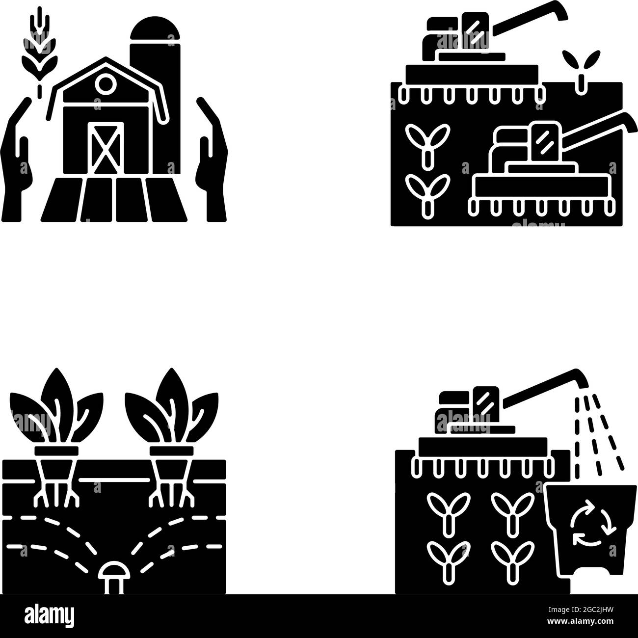 Icônes de glyphe noir d'agriculture et d'agriculture placées sur un espace blanc Illustration de Vecteur