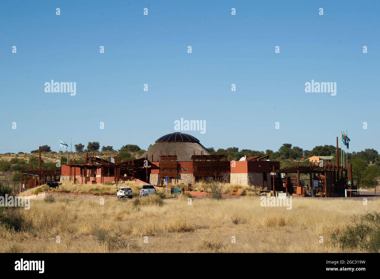 Entrée du parc au camp de repos Twee Rivieren, parc transfrontalier Kgalagadi, Afrique du Sud Banque D'Images