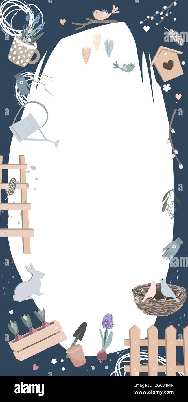 Spring Garden arrière-plan abstrait de style scandinave avec espace pour le texte. Modèle vertical vectoriel pour les articles de médias sociaux et les invitations à des événements Illustration de Vecteur