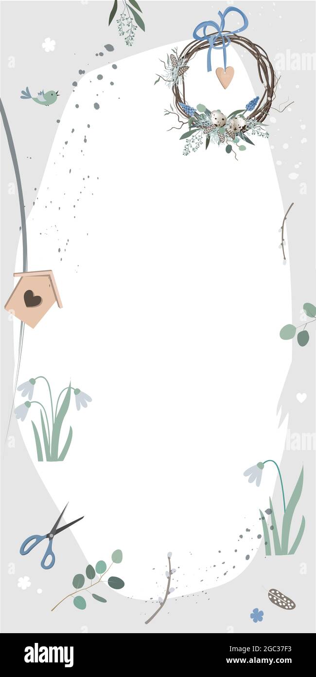 Spring Garden Decoration arrière-plan abstrait de style scandinave avec espace pour le texte. Modèle vertical vectoriel pour les reportages sur les réseaux sociaux, les événements Illustration de Vecteur