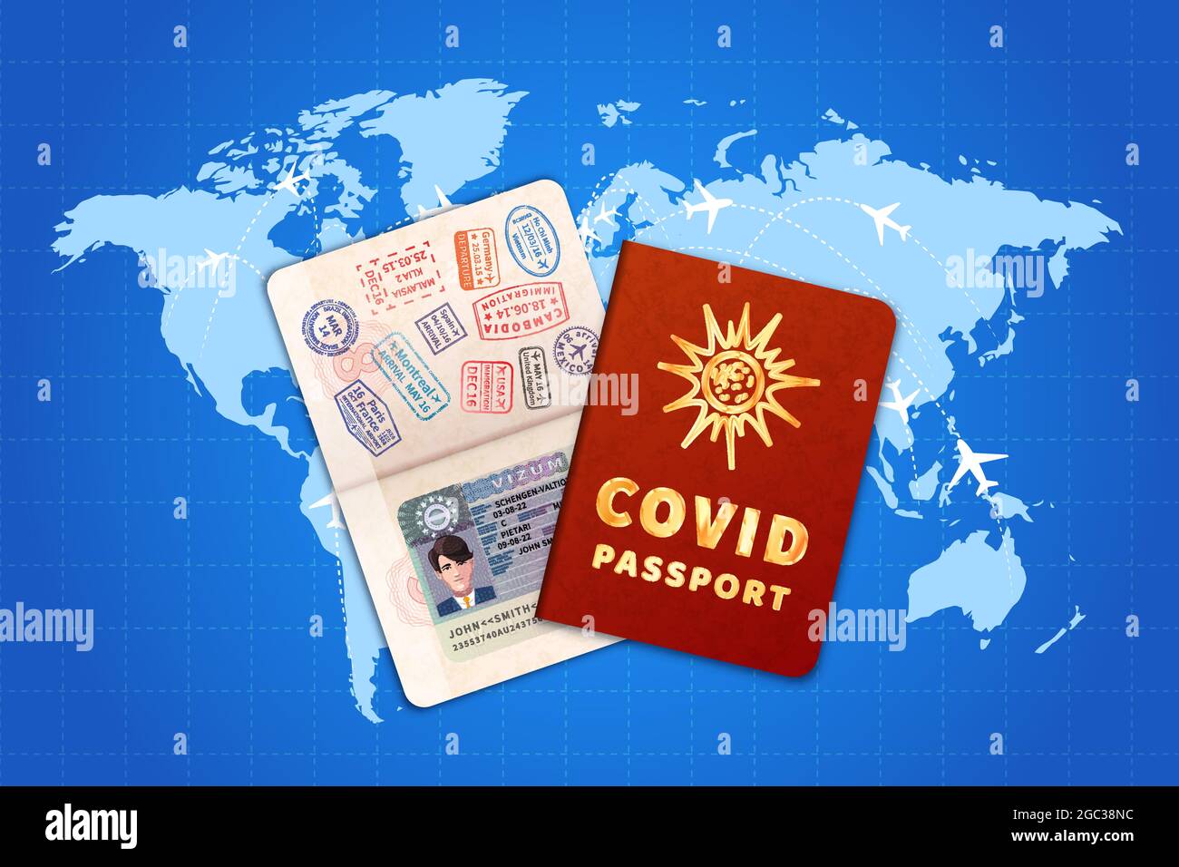 Passeport de vaccination COVID-19 avec visa UE sur la carte du monde avec les lignes aériennes Illustration de Vecteur