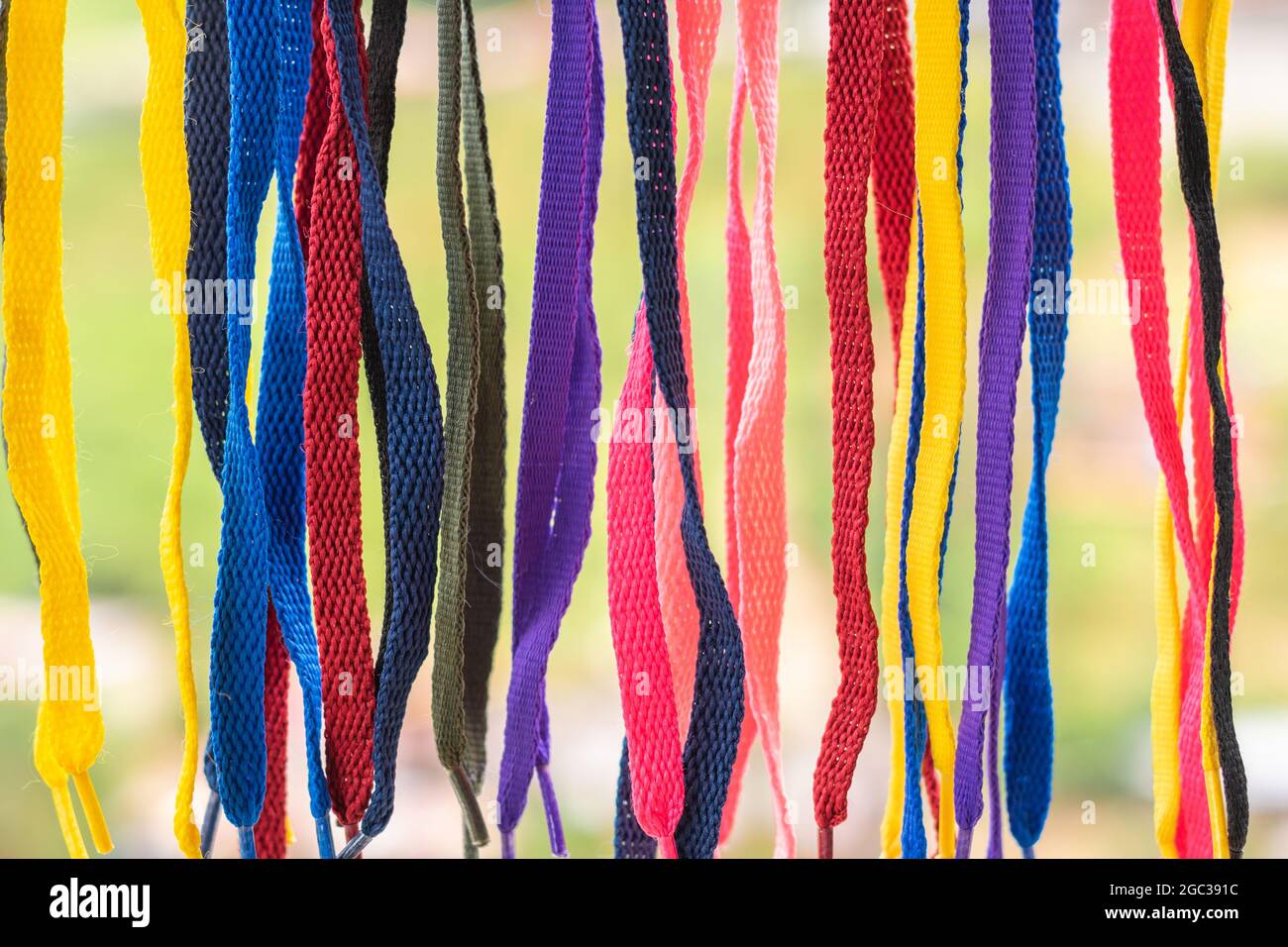 de nombreux lacets colorés, suspendus sur un fond dense de jungle, ont pointé vers le bas Banque D'Images