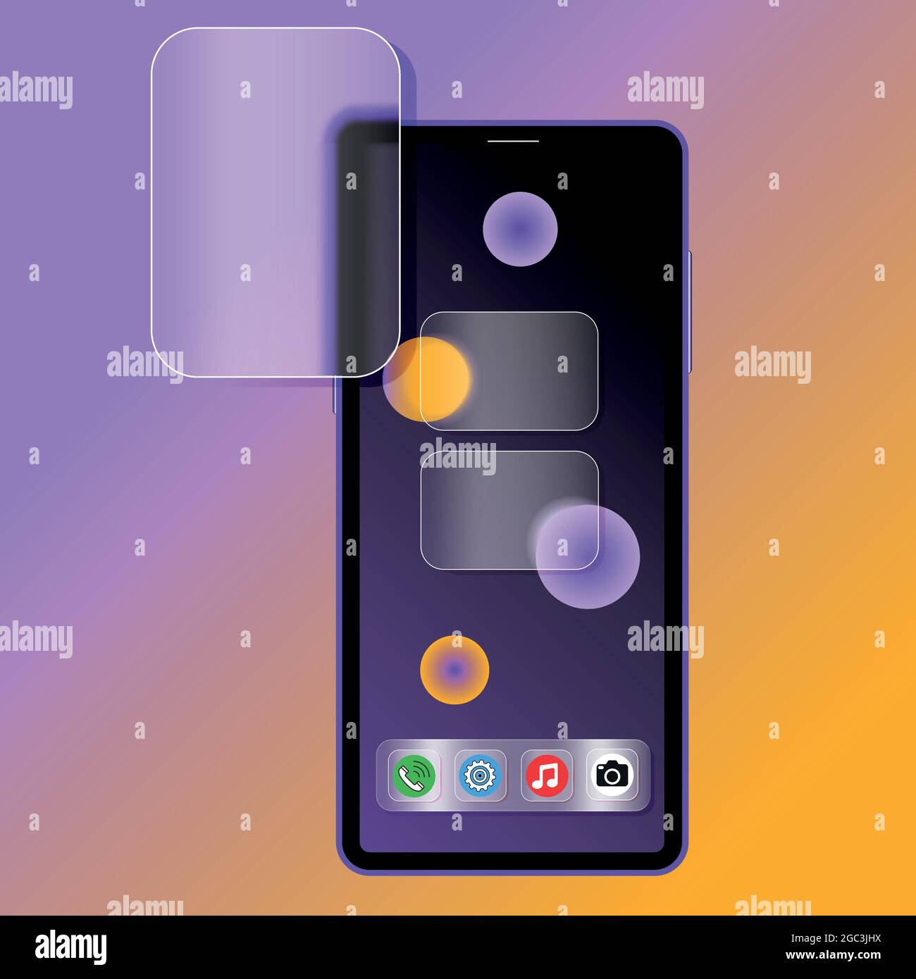 smartphone avec différentes applications, des boutons vides et une fenêtre vide ouverte dans le style glassmorphisme. vector Illustration de Vecteur