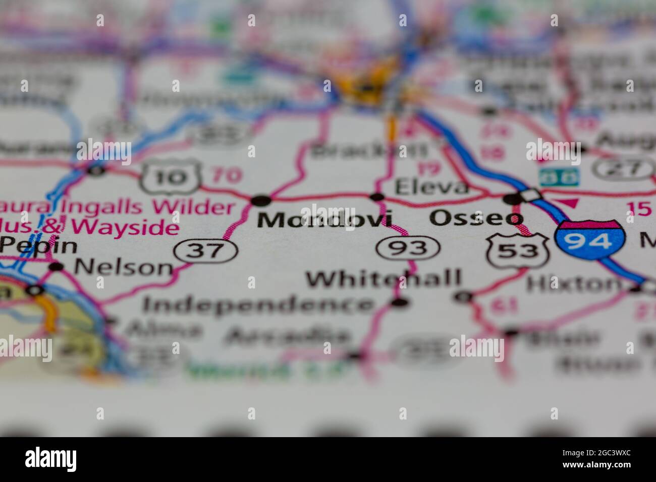 Mondovi Wisconsin USA indiqué sur une carte routière ou une carte de la géographie Banque D'Images
