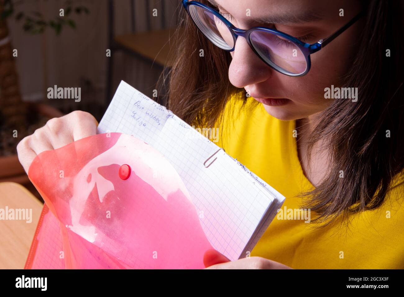 Portert d'une belle fille plie des feuilles de papier griffées dans un dossier rose, rouge, concept d'affaires, formation. Banque D'Images