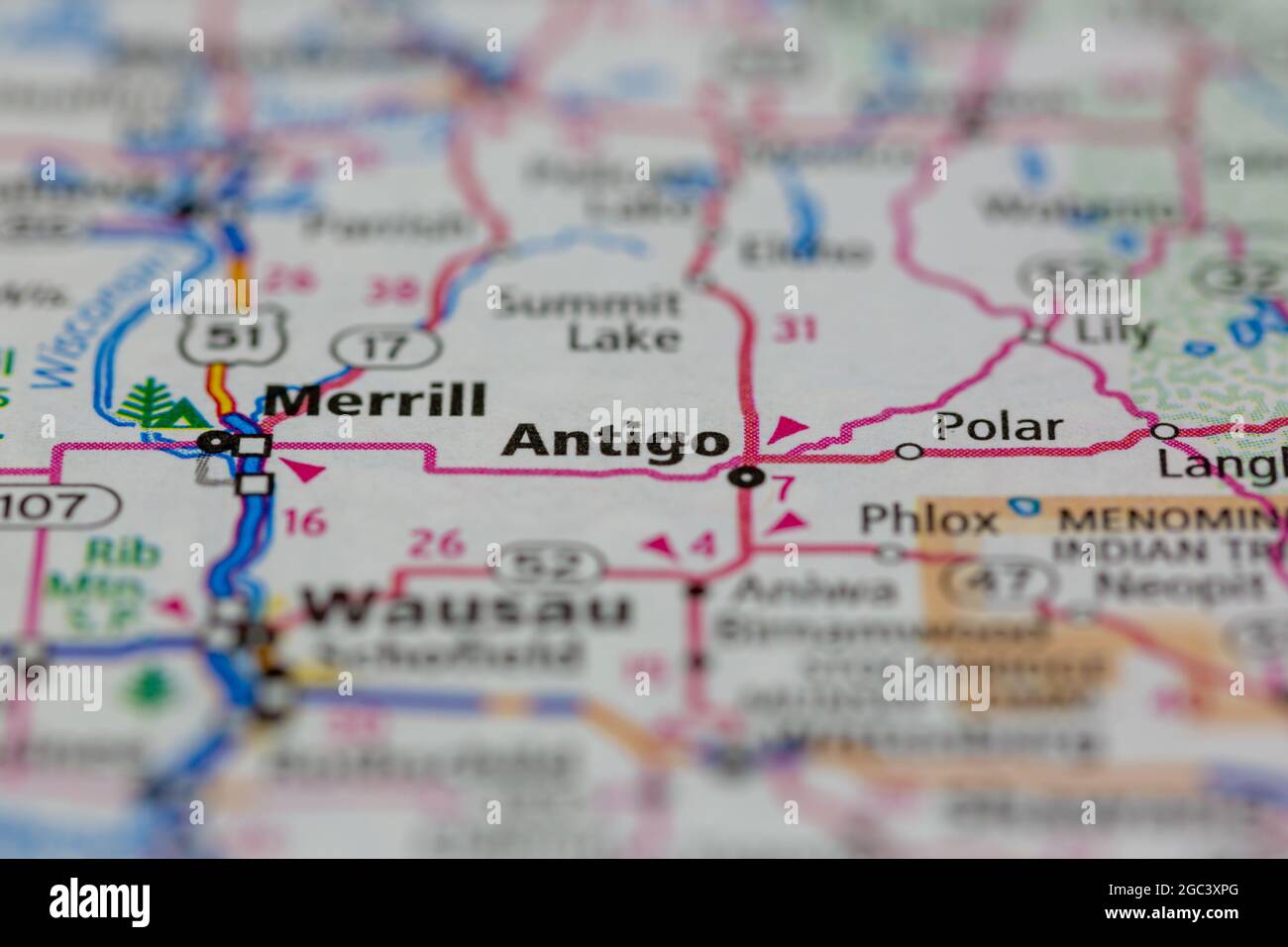 Antigo Wisconsin USA indiqué sur une carte routière ou une carte de la  géographie Photo Stock - Alamy