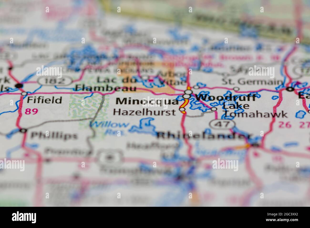Minocqua Wisconsin USA sur une carte routière ou une carte de la géographie Banque D'Images
