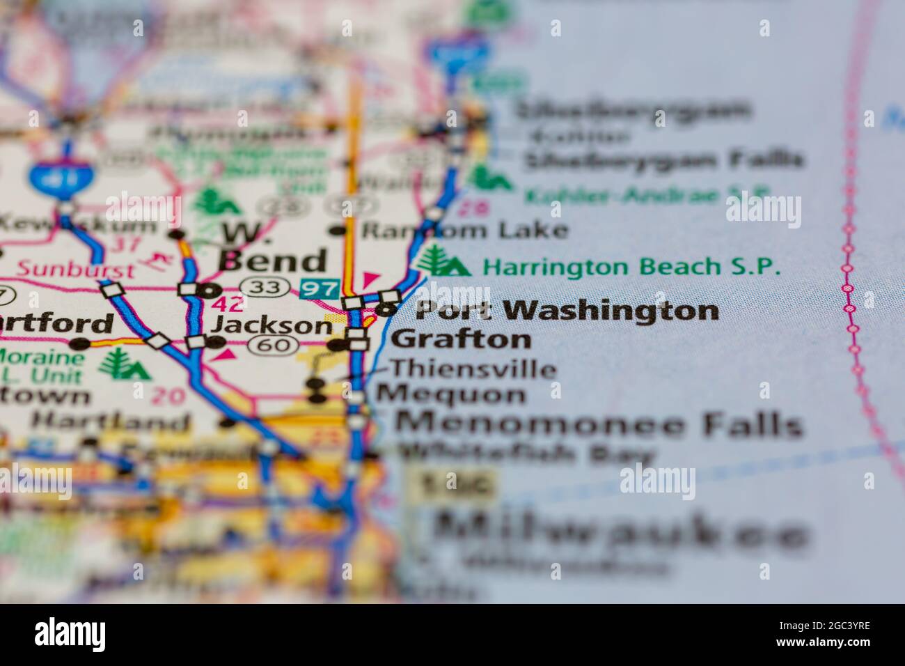 Port Washington Wisconsin Etats-Unis indiqué sur une carte routière ou une carte de la géographie Banque D'Images