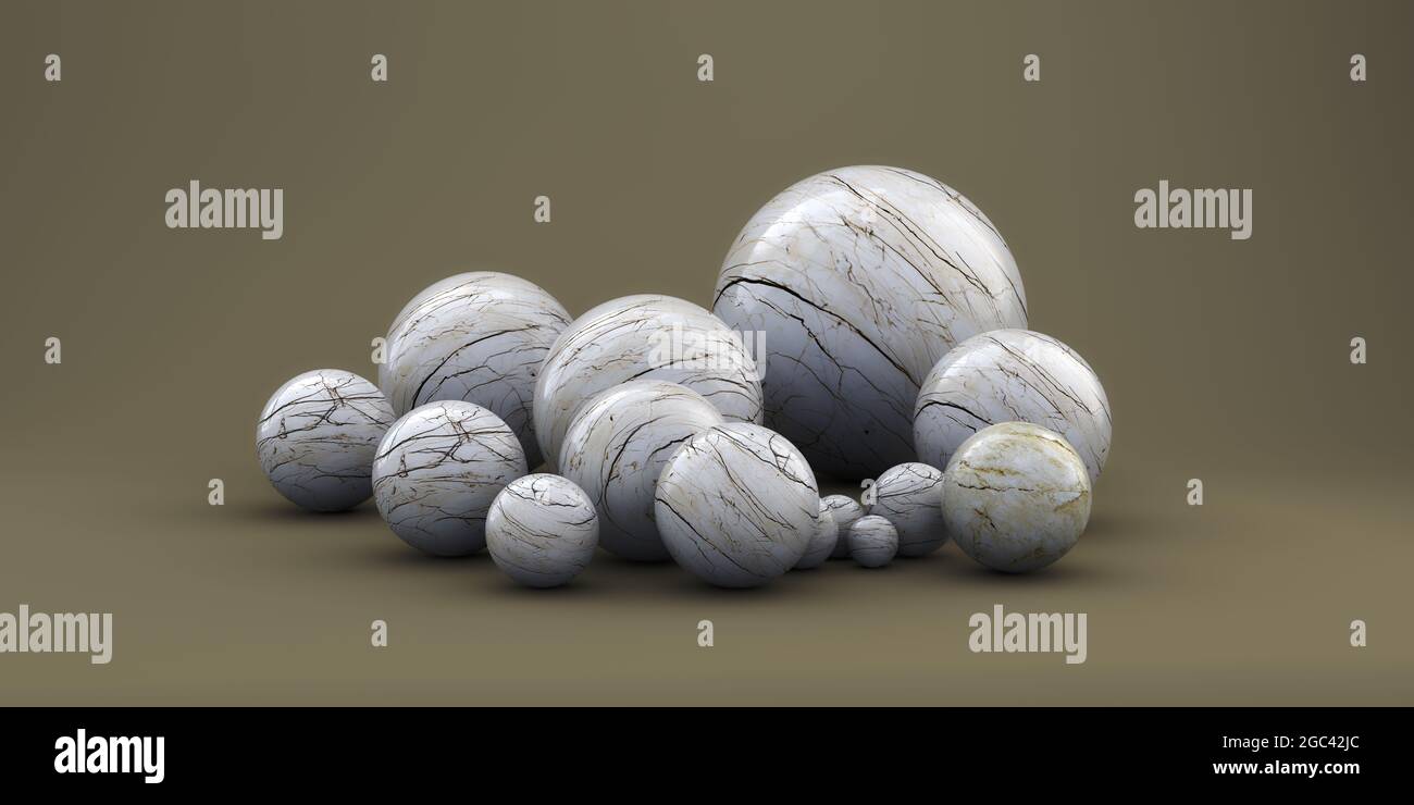 Boules géométriques de différentes tailles sur fond vert Banque D'Images