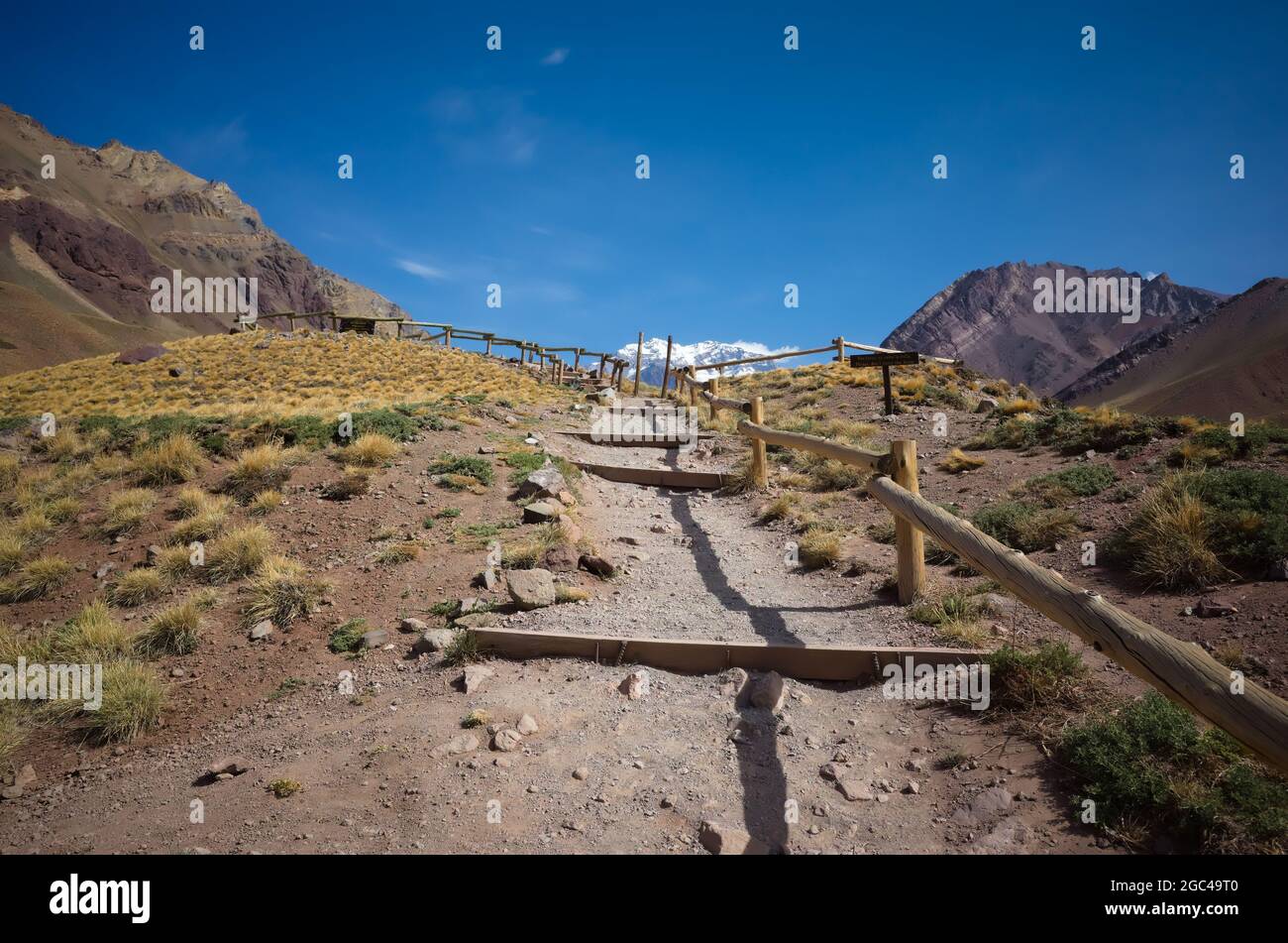 Sentier de randonnée jusqu'au point de vue du Mont Aconcagua - plus haut sommet des Andes montagnes situé dans le parc national appelé Parque provincial Aconcagua, Mendoza Banque D'Images