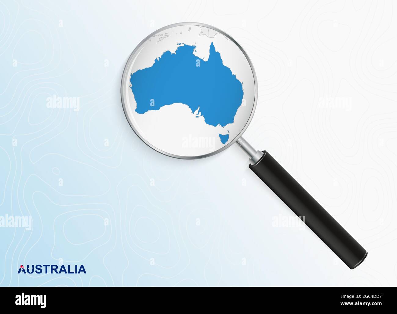 Loupe avec carte de l'Australie sur fond topographique abstrait. Carte vectorielle. Illustration de Vecteur