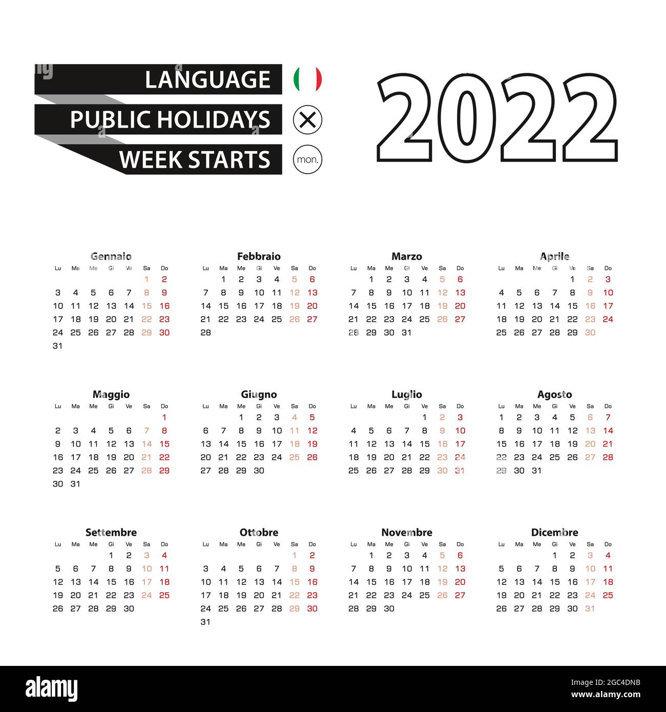 Calendrier 2022 en langue italienne avec jours fériés le pays de l'Italie  en 2022.La semaine commence le lundi.Illustration vectorielle Image  Vectorielle Stock - Alamy