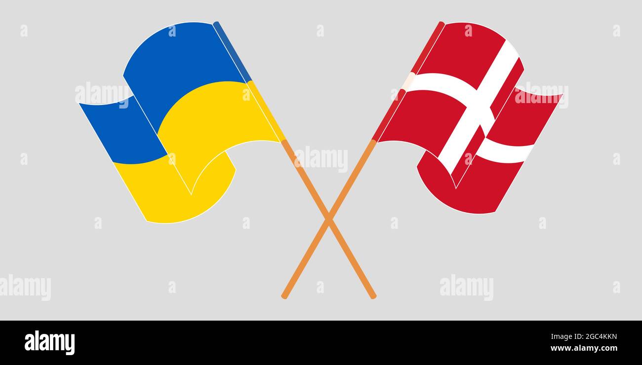 Drapeaux croisés et agités de l'Ukraine et du Danemark Illustration de Vecteur