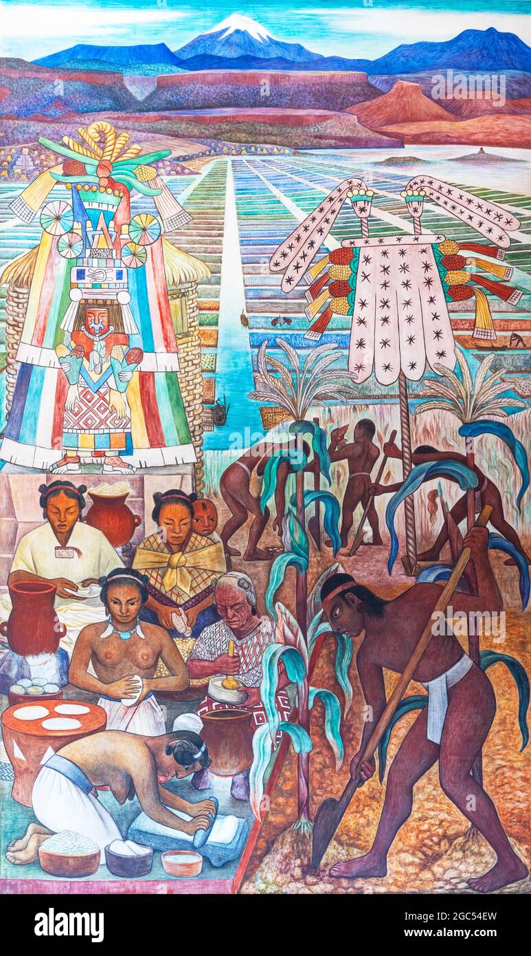 Agriculture de maïs, murale Diego Rivera dans le palais présidentiel, Mexico, Mexique. Banque D'Images