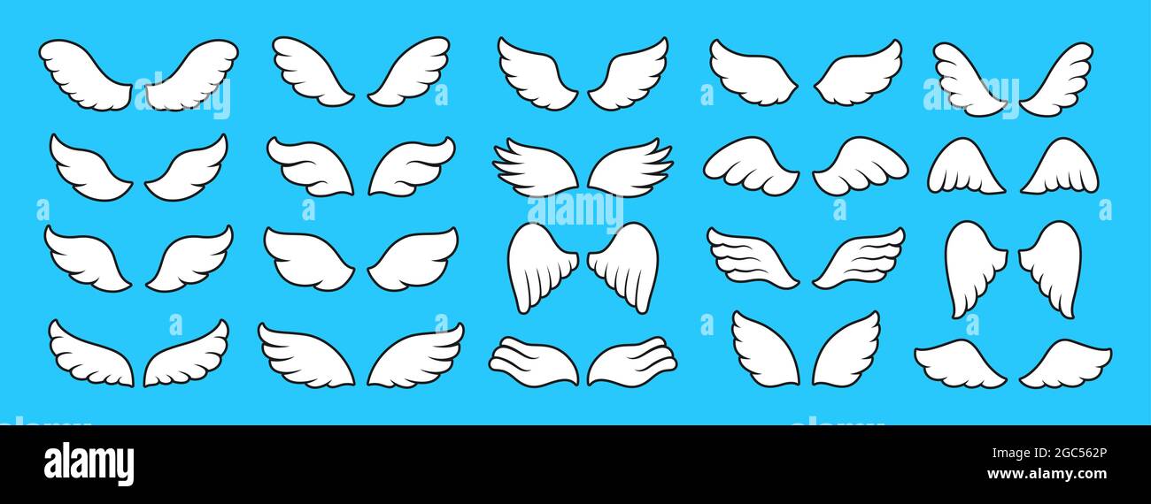 Ensemble de dessins animés simple d'icône d'ailes. Éléments de conception de panneaux. Logo de ligne ailé, ange ou oiseau de plume deux ailes. Icônes minimalistes modernes vecteur abstrait isolé sur fond bleu Illustration de Vecteur