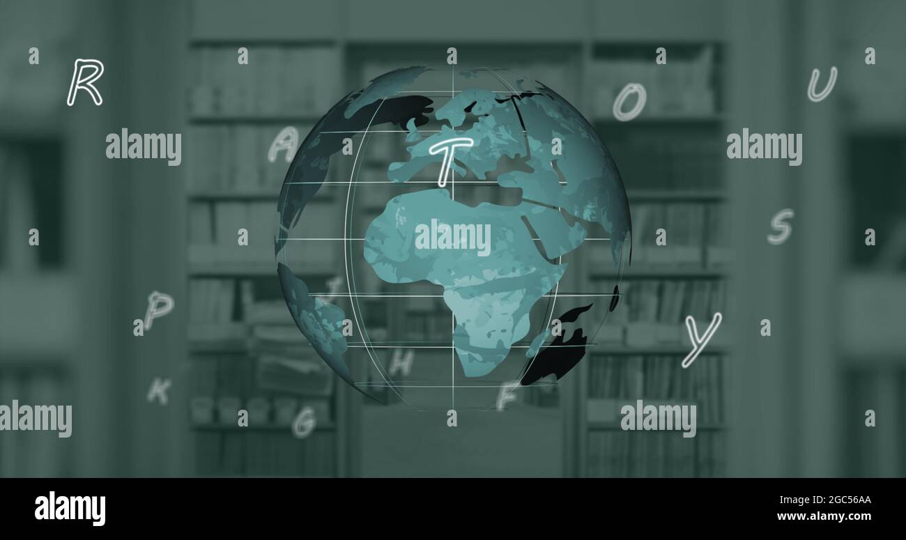 Composition numérique d'alphabets flottant sur le globe tournant contre la bibliothèque scolaire Banque D'Images