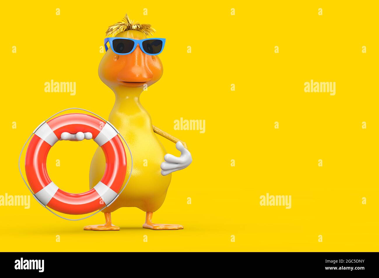 Joli dessin animé jaune personnage de canard Mascot avec bouée de vie sur fond jaune. Rendu 3d Banque D'Images