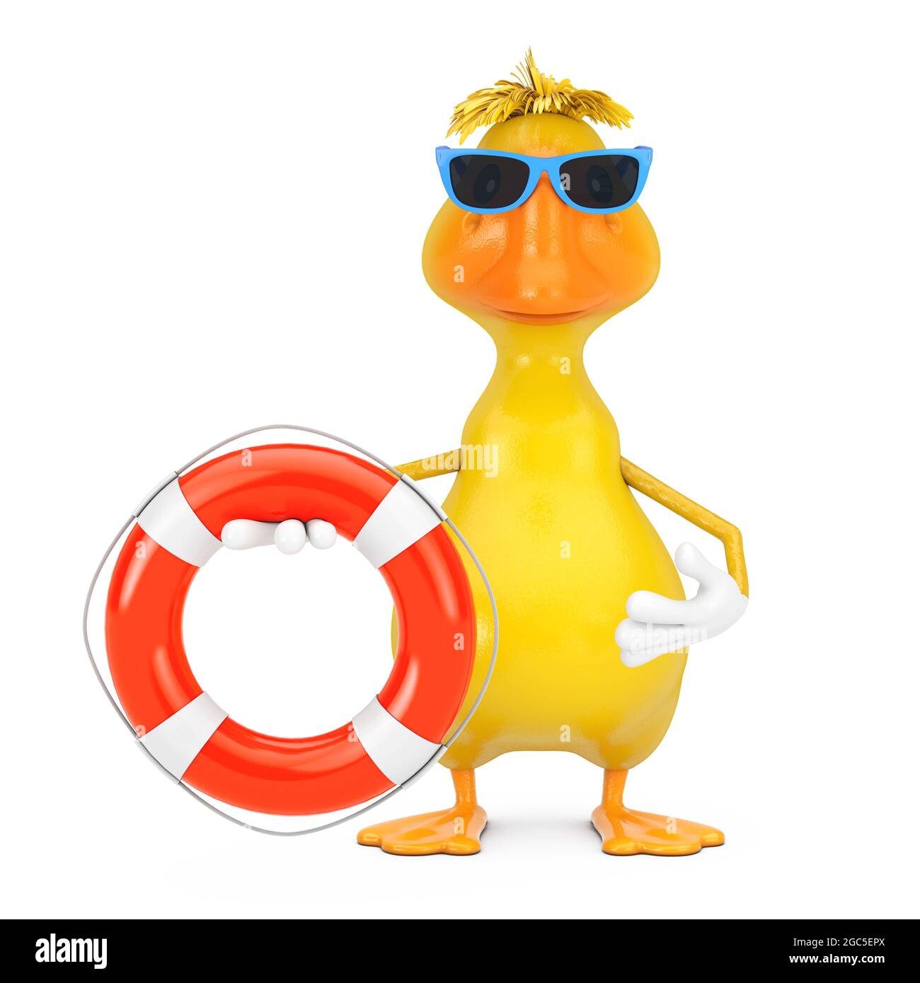 Joli dessin animé jaune personnage de canard Mascot avec bouée de vie sur fond blanc. Rendu 3d Banque D'Images
